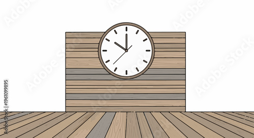 Round clock face on wooden wall panel with floor