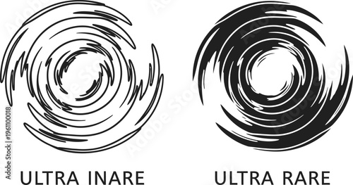 Abstract swirling vortex shapes with "ULTRA INARE" and "ULTRA RARE" text