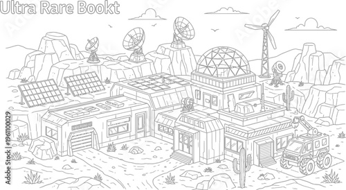 Futuristic desert research outpost line art illustration