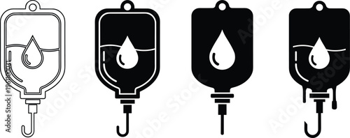 Set of IV drip bag icons cad drawing flat vector illustration medical infusion saline bag symbols for healthcare and wellness