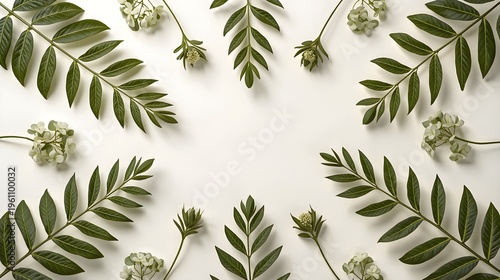 Minimalist green fern and eucalyptus leaves seamless pattern on soft white background for nature design