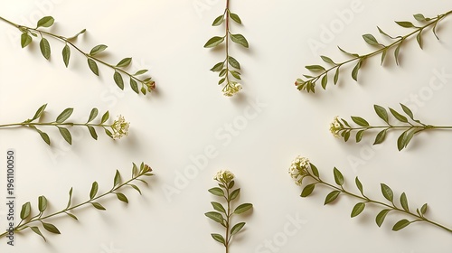 Fresh green eucalyptus sprigs arranged in minimalist diagonal composition on white background