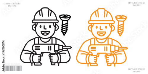 Construction Worker Hard Hat Builder Holding Hammer Screw Line Art Black Orange Illustration