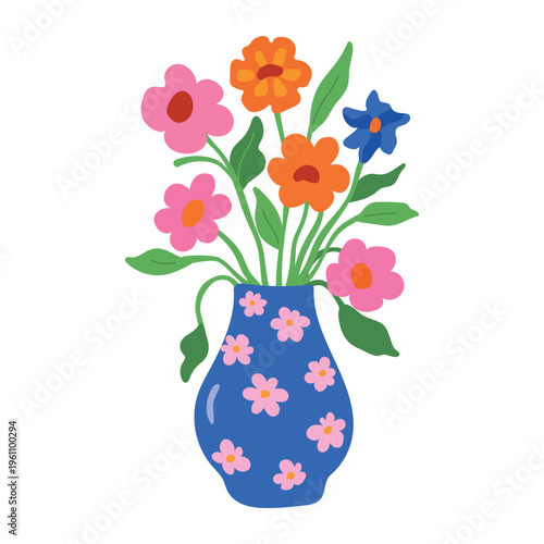 Blue patterned dopamine vase with bright spring flowers flat art