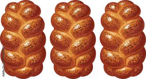 Traditional braided challah bread loaves with poppy seeds, isolated on white background, hand drawn vector illustration for bakery and holidays.