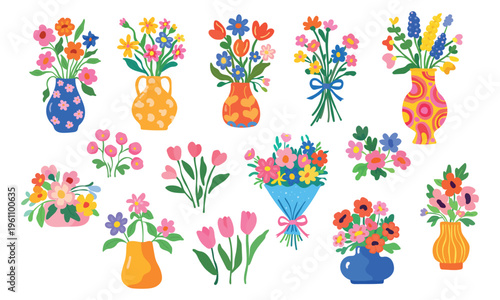 Cute spring flower bouquets in vases dopamine decor flat vector set