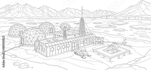 Arctic research station line art drawing with mountains