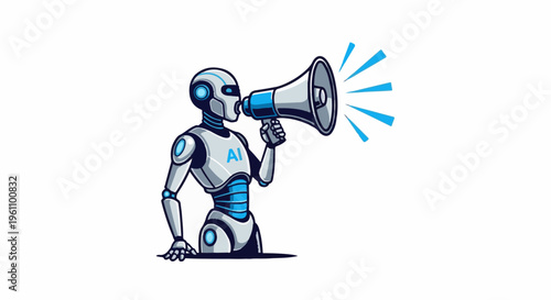 Robot with AI symbol speaks loudly through a megaphone announcing news