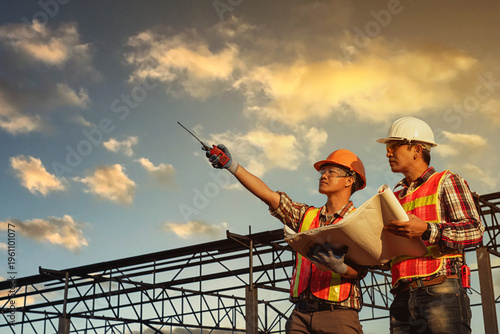 Quadro su tela Engineers discussion with architects work planing in construction site