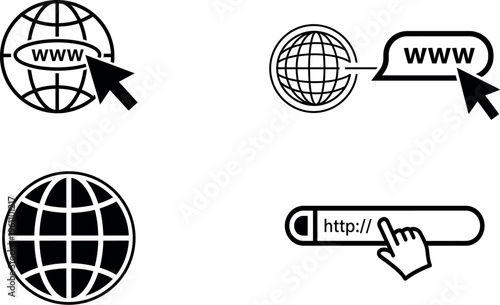 Black and white illustrations of web icons with globe and http symbols