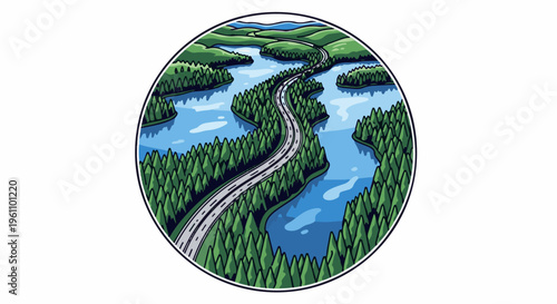 Serpentine road winding through lush forests and blue lakes