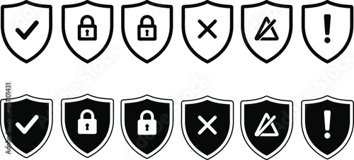 Security icons set with checkmarks locks and warning symbols