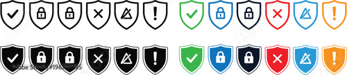 Collection of checkmark and cross shields with various colors and symbols