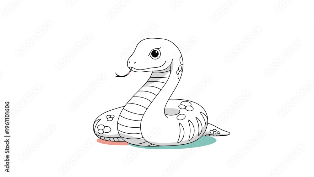 Fototapeta premium Friendly white snake character with dark spots and a red tongue sticking out depicted in a clean and simple cartoon vector illustration.