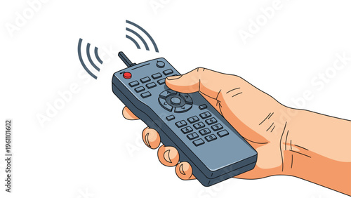 Hand holding a grey remote control and pressing buttons with signals indicating active wireless communication or control.