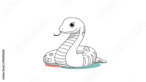 Friendly white snake character with dark spots and a red tongue sticking out depicted in a clean and simple cartoon vector illustration.