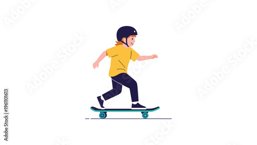 Young boy wearing a protective safety helmet while riding a skateboard in a modern and clean flat vector illustration style for kids.