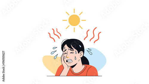 Distressed young woman sweating profusely under the intense heat of a bright yellow sun representing summer heatstroke and dehydration.