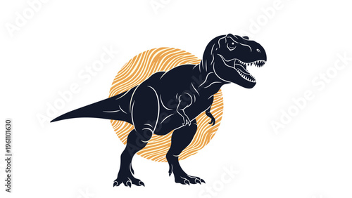 Dark silhouette of a powerful Tyrannosaurus Rex dinosaur roaring in front of a textured orange circular sunset.