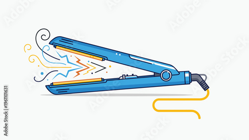 Modern blue hair straightener tool emitting heat or energy waves shown in a simple and clean vector art style for beauty and hair care.