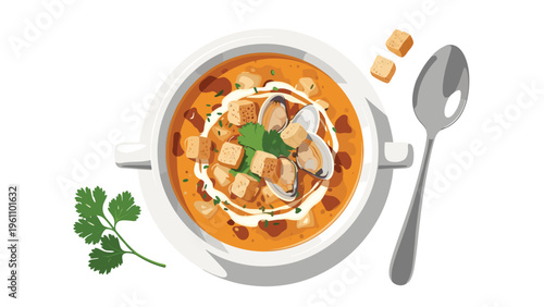 Overhead view of a creamy bowl of clam chowder garnished with golden croutons and fresh cilantro placed next to a silver dining spoon.