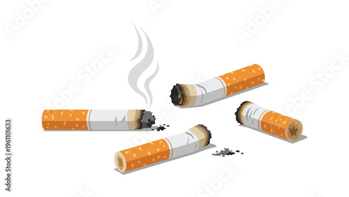 Multiple discarded and smoking cigarette butts scattered on a white surface highlighting the health risks and environmental impact of smoking.
