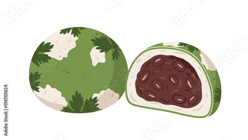 Pair of green mugwort rice cakes known as kusa mochi with one cut in half to show the sweet red bean paste filling inside the dessert.