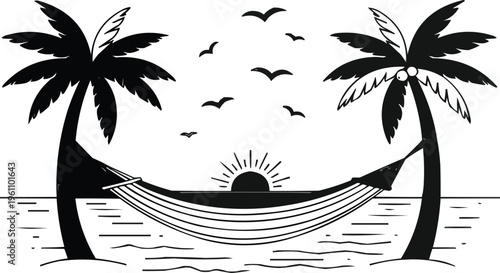 A swing hangs in the shade of a palm tree on the riverbank, the bright sun rises above, and some birds fly sweetly in the sky.