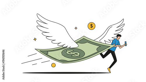 Humorous illustration of a man running after a large flying dollar bill with wings representing financial goals or inflation.