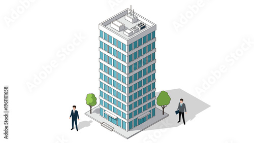 Isometric illustration of a tall modern office building with blue glass windows and two businessmen standing outside in the plaza.
