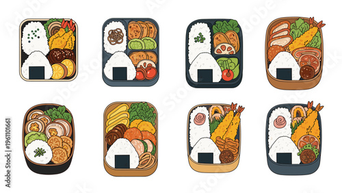 Collection of eight different Japanese bento lunch boxes featuring various combinations of rice balls fried shrimp and sides.
