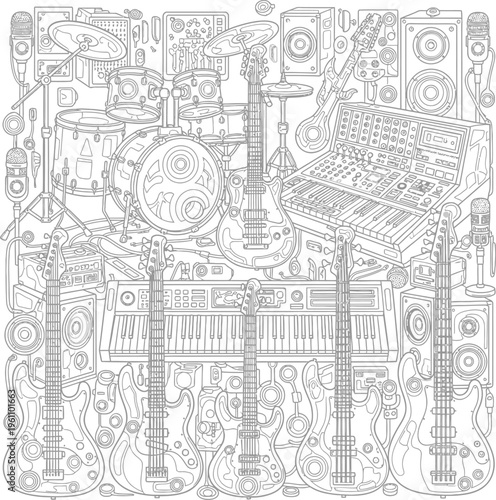 Detailed line art composition of various musical instruments