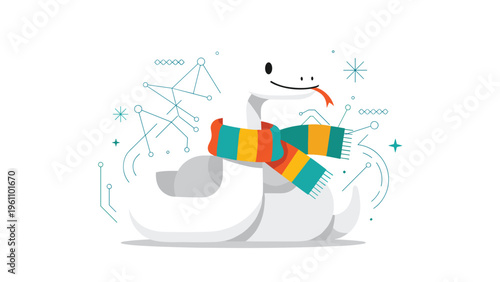 Stylish white snake wearing a colorful striped scarf surrounded by abstract technical lines and geometric star icons.