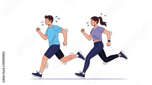 Active man and woman jogging together outdoors for exercise and healthy lifestyle fitness against a white background.