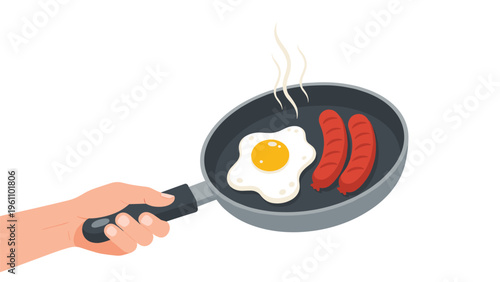 Person's hand holding a frying pan with a sizzling fried egg and two tasty breakfast sausages over a plain background.