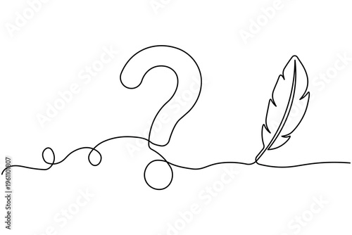 Minimalist continuous line drawing featuring a bold question mark and a delicate feather quill on a white background, symbolizing curiosity and literature.