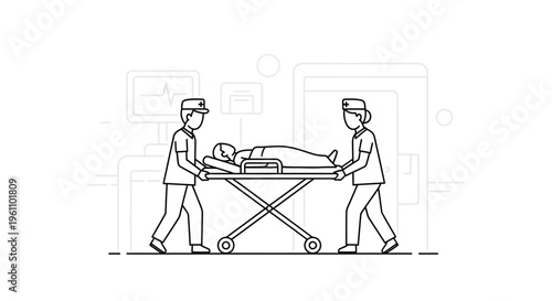 Medical staff moving patient on stretcher.