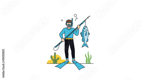 Underwater spearfisherman wearing a diving mask and fins holding a large fish caught with a harpoon near the seabed.