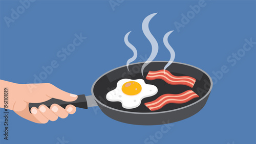 Hand holding a black frying pan containing a perfectly cooked fried egg and two strips of crispy breakfast bacon.