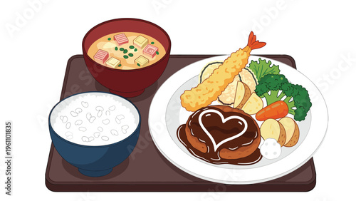 Delicious Japanese set meal featuring hamburger steak with a heart-shaped sauce, tempura shrimp, rice, and miso soup.