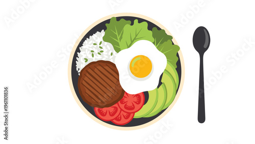 Hawaiian loco moco bowl with a grilled hamburger steak, sunny side up fried egg, rice, fresh salad, and sliced avocado.