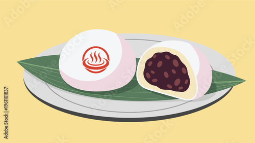 Traditional Japanese onsen manju steamed buns with sweet red bean paste filling served on a leaf and white plate.