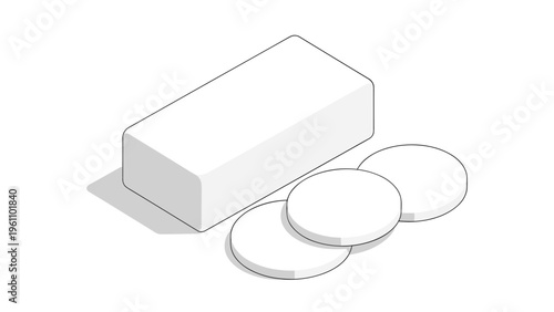 Simple illustration of a rectangular block of fresh white tofu with three perfectly round slices placed next to it.