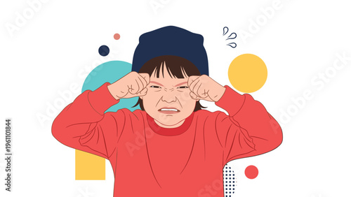 Distressed young boy wearing a red sweater and beanie crying and making an angry expression against an abstract background.