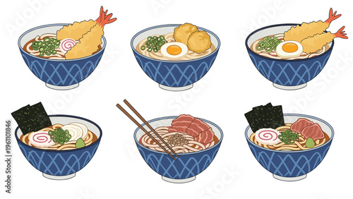 Collection of six varied Japanese noodle bowls with different delicious toppings like tempura, egg, and sliced meat.