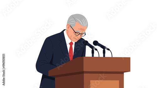 Formal illustration of an elderly statesman or businessman in a dark suit speaking at a wooden podium with microphones.