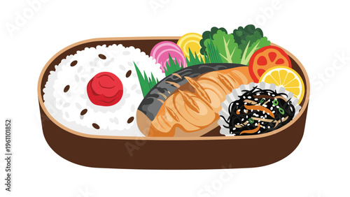 Healthy Japanese bento box featuring grilled salmon, white rice with a pickled plum, and various vegetable side dishes.