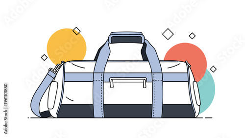 Stylish sports duffel bag in white, blue, and black colors designed for gym or travel against a colorful background.