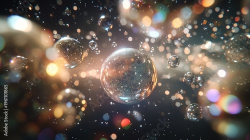 Shimmering bubbles in a cosmic space scene with vibrant lights and sparkling effects creating a magical atmosphere.