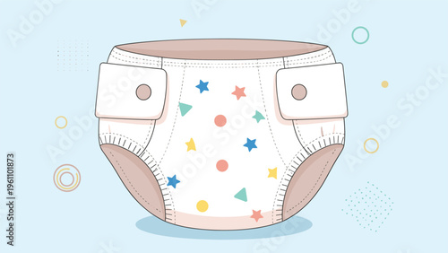 Cute baby diaper featuring a playful pattern of colorful stars, circles, and triangles against a light blue background.